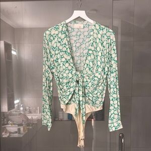 Capulet White and Green Floral Tie-Front Bodysuit